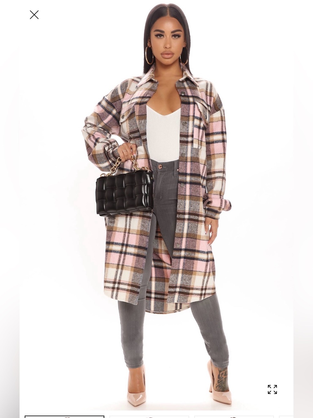 Fashion Nova Plaid Long Shacket in Pink, Brown & White